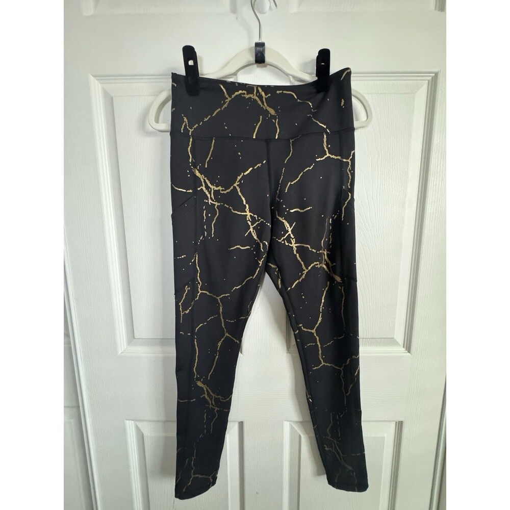 LoveHerShop LOT 3-Pair High Rise Workout Leggings Black/Gold, Purple/Gold Size M - Picture 2 of 8